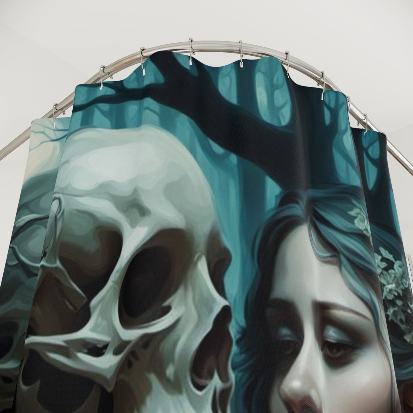 Gothic Love Skull Shower Curtain, Romantic Skull and Lady Bathroom Decor, Gothic Skeleton Shower Curtain, Artistic Skull Couple Embrace Curtain