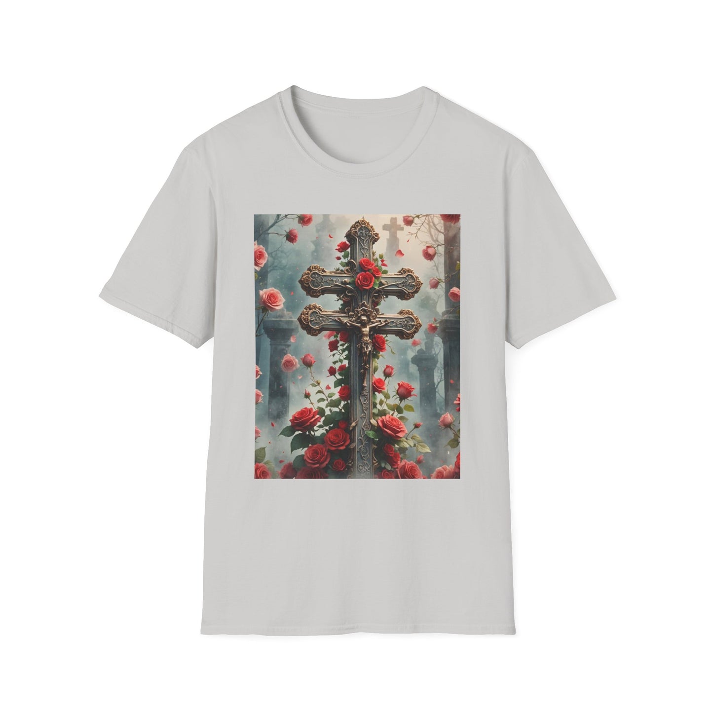 Cross and Roses T-Shirt, Jesus on the Cross Tee, Religious Graphic Tee, Faith-Inspired Apparel Christian Symbolism Shirt, Jesus and Cross Graphic Tee.