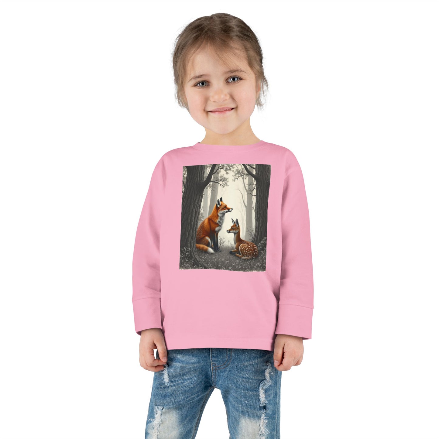 Fox and Baby Deer and Fox Long-Sleeved, Shirt Woodland Animal Shirt for Kids Unisex, Kids Nature-Themed Shirt, Forest Animal Clothing for Kids, Boys and Girls Long Sleeve Top, Toddler Long Sleeve,