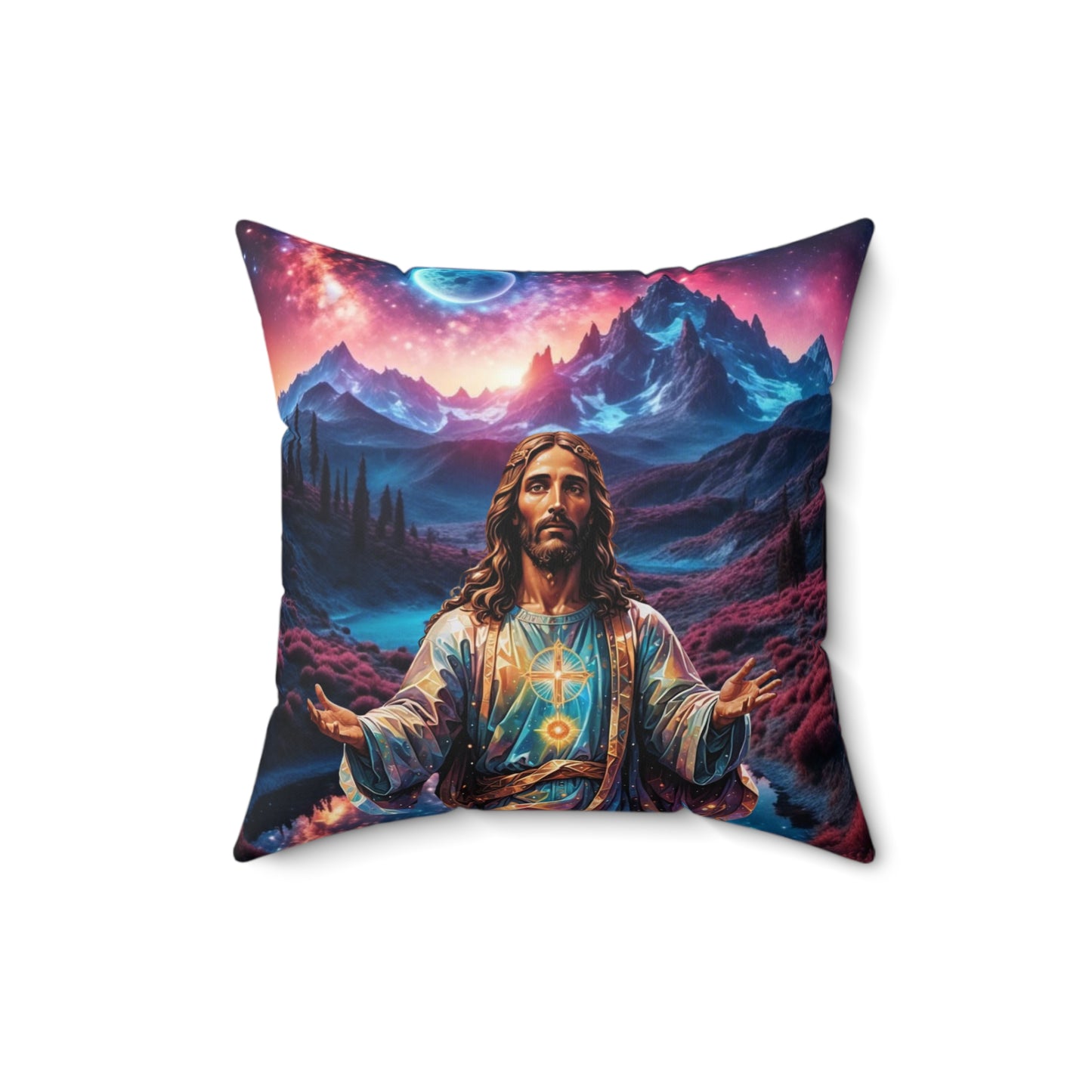 Jesus Decor Pillowcase, Spiritual Home Decor, Jesus Square Pillow Cover, Faith-Inspired Pillowcase, Religious Pillowcase, Housewarming Gift, Religious Pillowcase with Mountains.