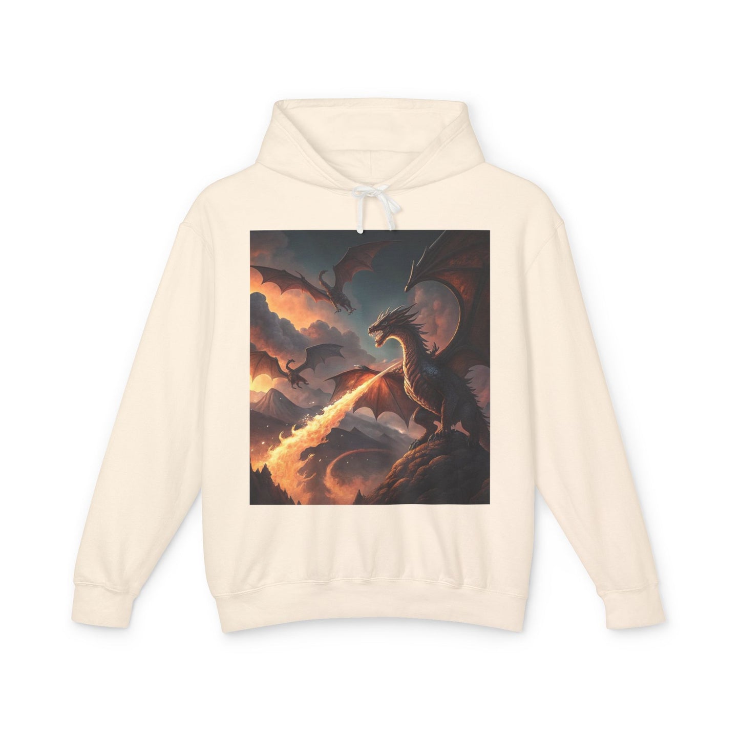 Dragon Graphic Hoodie, Fire-Breathing Dragon Pullover, Pocket-Free Dragon Hoodie, Fantasy-Inspired Hoodie, Mythical Creature Hooded Sweatshirt, Sleek Dragon Apparel.