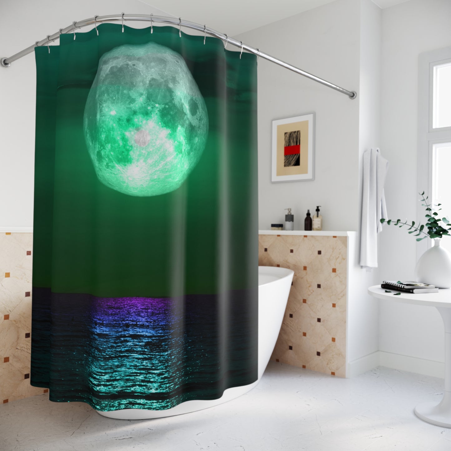 Full Moon Shower, Curtain Green Night Sky Bathroom Decor, Moonlight Shower Curtain, Mystical Nature Shower Curtain, Shower decor housewarming gift.