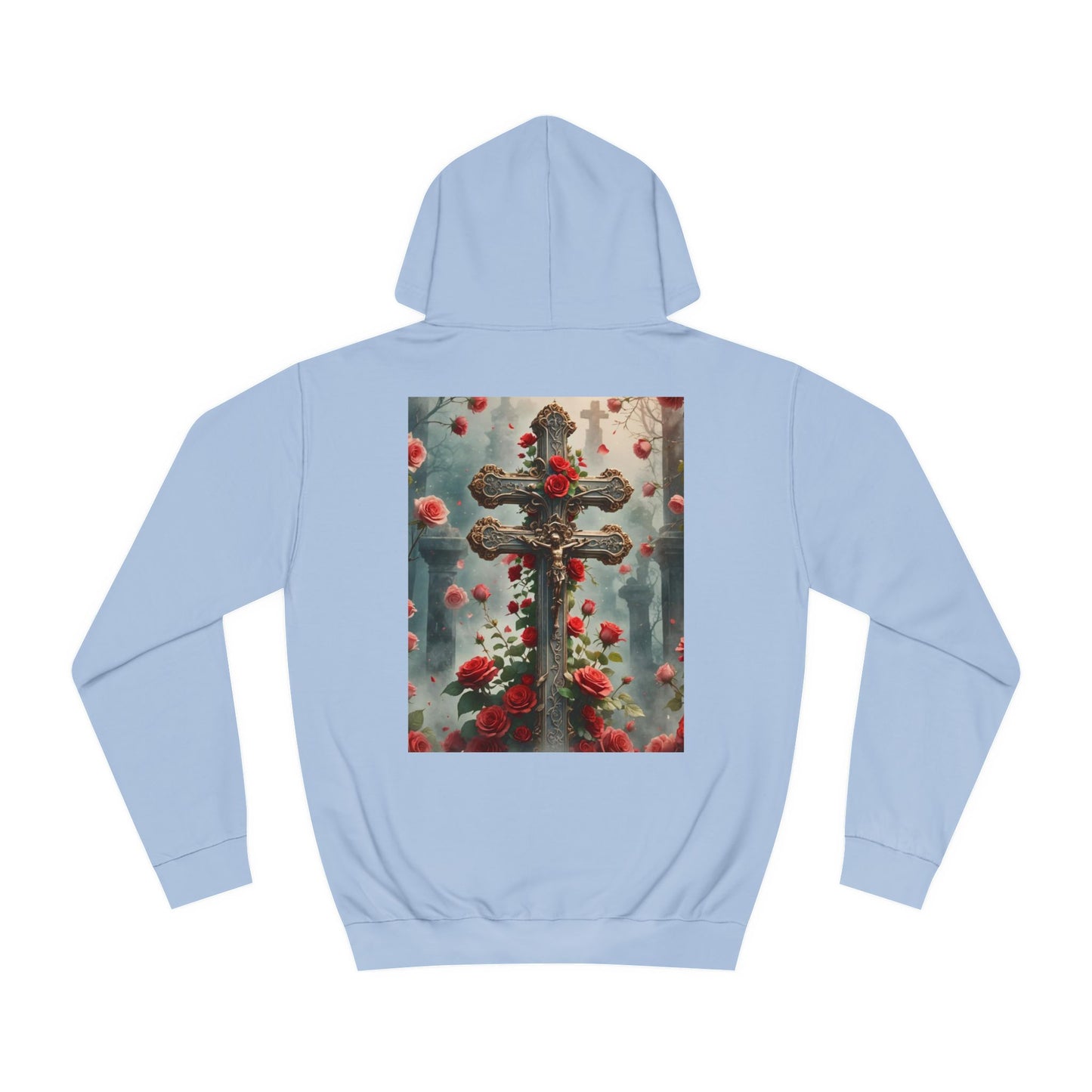 Jesus on the Cross Hooded Sweatshirt, Religious Graphic Hoodie, Faith-Inspired Apparel, Christian Symbolism Hoodie, Red Roses and Cross Design Hoodie.