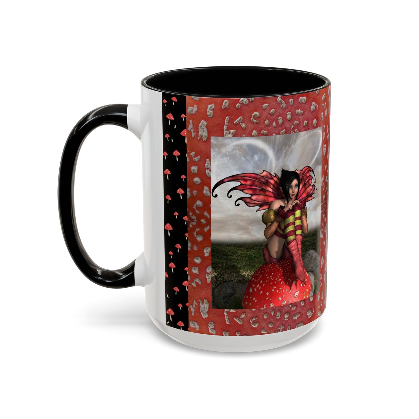 Fairy Coffee Mug, Red Mushroom Fairy Cup, Whimsical Ceramic Mug, Black and Red Mushroom Mug, Nature-Inspired Drinkware, Magical Fairy Tale Coffee Cup, (11, 15oz)