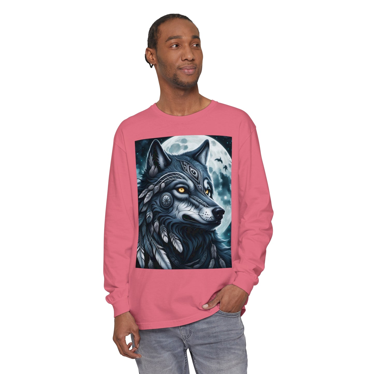 Long-Sleeved Tee Spirit Wolf Shirt, Indian Wolf Design Tribal Headdress Tee, Black and White Apparel, Casual Long Sleeve Wolf Top, Artistic Wolf Design.