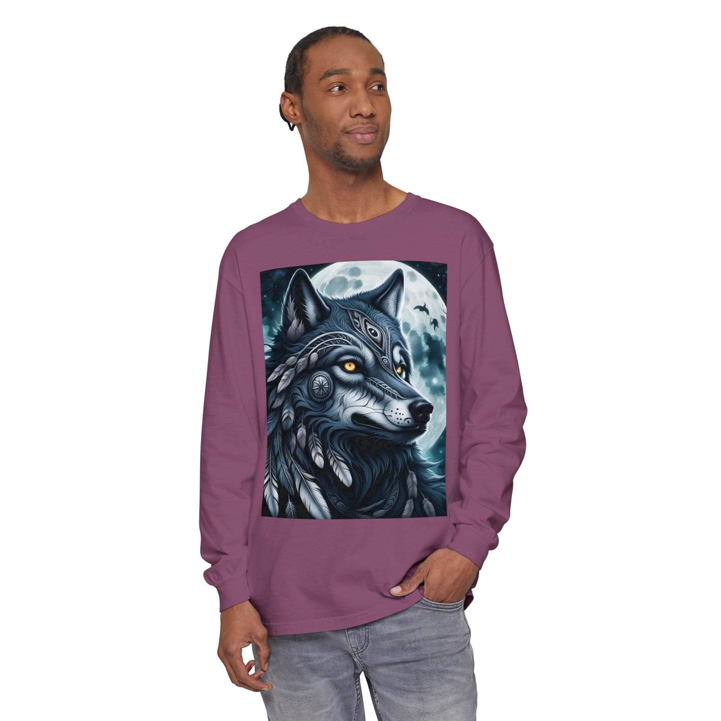 Long-Sleeved Tee Spirit Wolf Shirt, Indian Wolf Design Tribal Headdress Tee, Black and White Apparel, Casual Long Sleeve Wolf Top, Artistic Wolf Design.