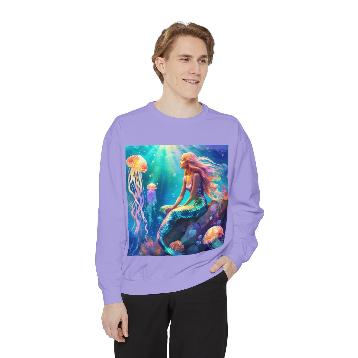 Mermaid Sweatshirt, Ocean Mermaid Sweatshirt, Mermaid Lovers Gift, Jelly fish and Mermaid sweatshirt, Colorful Mermaid Sweatshirt, Unisex Garment-Dyed Sweatshirt.