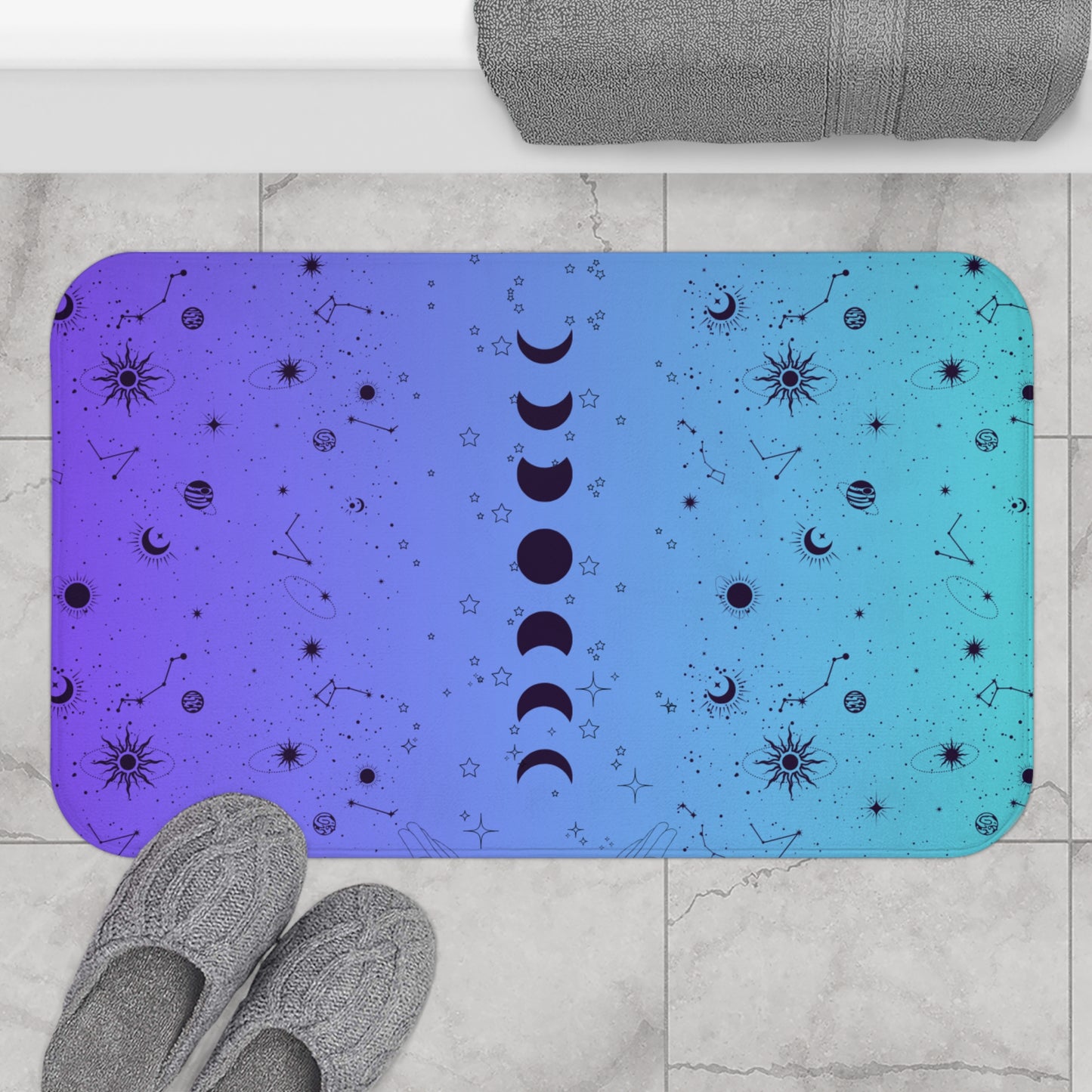 Purple and Aqua Bathmat, Moon Phases Bathroom Decor, Star Signs Bathmat, Moon and Stars Bathmat, Zodiac-Inspired Bathmat, Cosmic Home Decor.