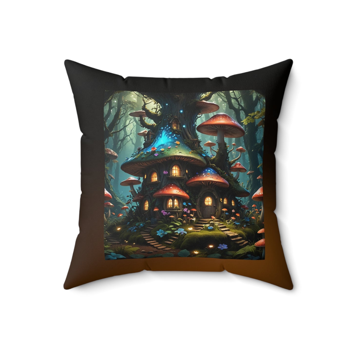 Mushroom Tree House Pillow, Fantasy-Themed Square Pillow, Nature-Inspired Pillow, Whimsical Home Decor, Spun Polyester Throw Pillow; Mushroom house Spun Polyester Square Pillow