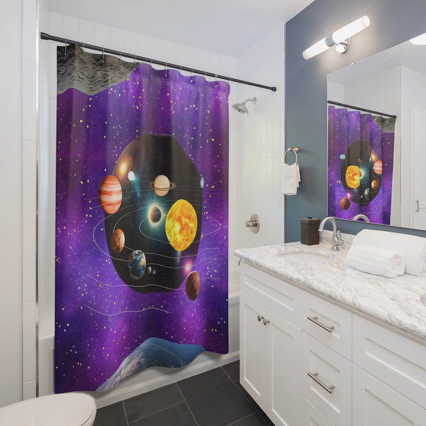 Planets Shower Curtain, Outer Space Bathroom Decor, Cosmic Shower Curtain, Solar System Shower Curtain, Lover of Outer space Gift, Housewarming Gift,