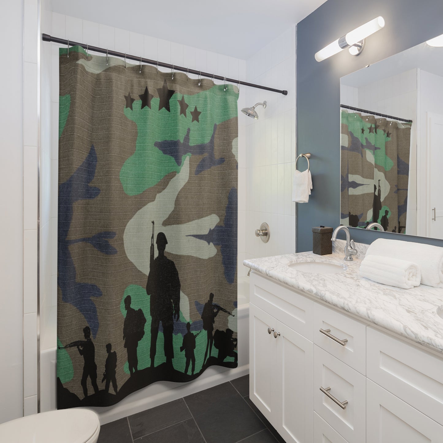 Army shower curtain, camouflage shower curtain, military shower decor, patriotic bathroom decor, army men and stars design, Shower Curtains, military-inspired home decor.