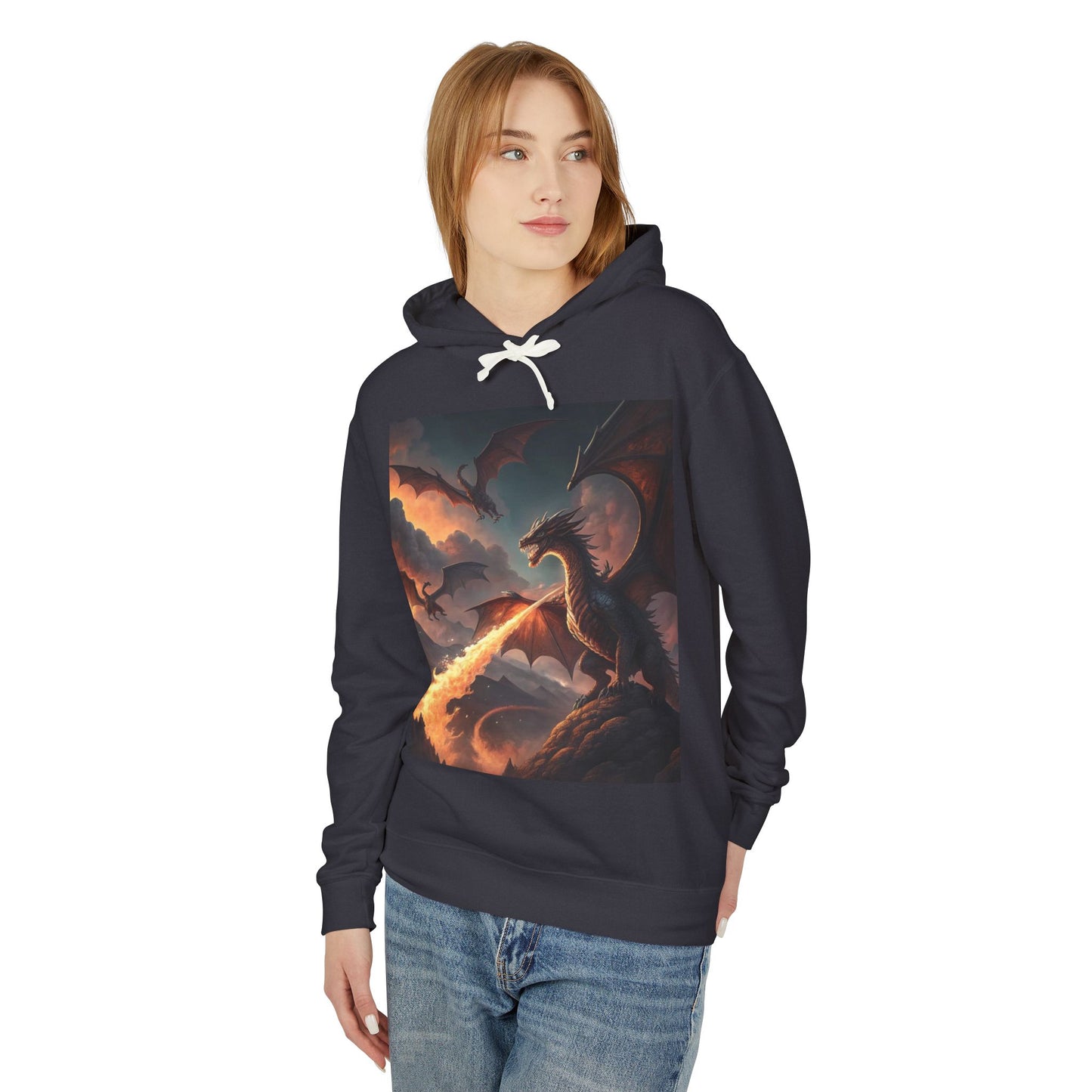 Dragon Graphic Hoodie, Fire-Breathing Dragon Pullover, Pocket-Free Dragon Hoodie, Fantasy-Inspired Hoodie, Mythical Creature Hooded Sweatshirt, Sleek Dragon Apparel.