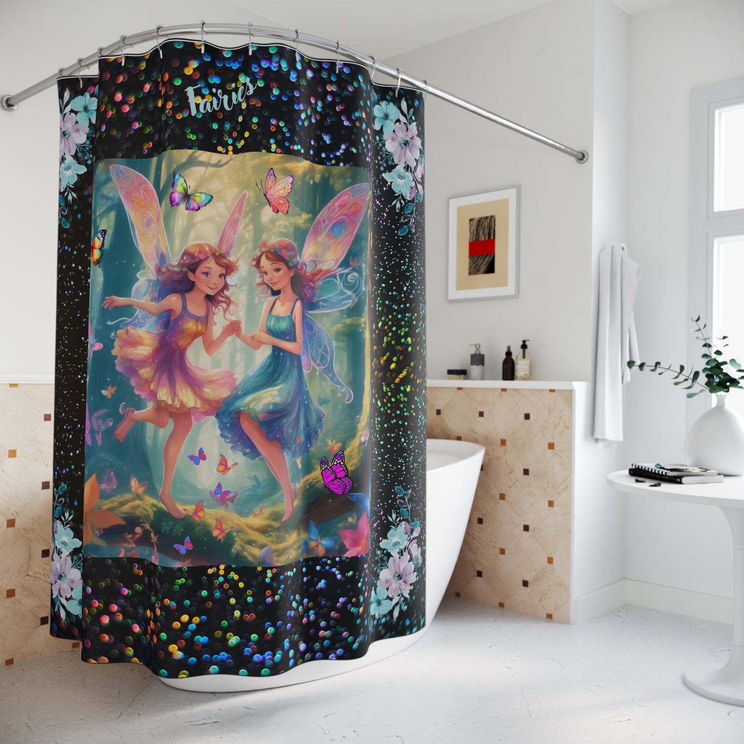 Fairies at Play Shower Curtain, Bathroom Colorful Fairy and Butterfly Curtain, Black and Speckled Shower Curtain, Magical Fairy Bathroom Accessories, Enchanting Bathroom.