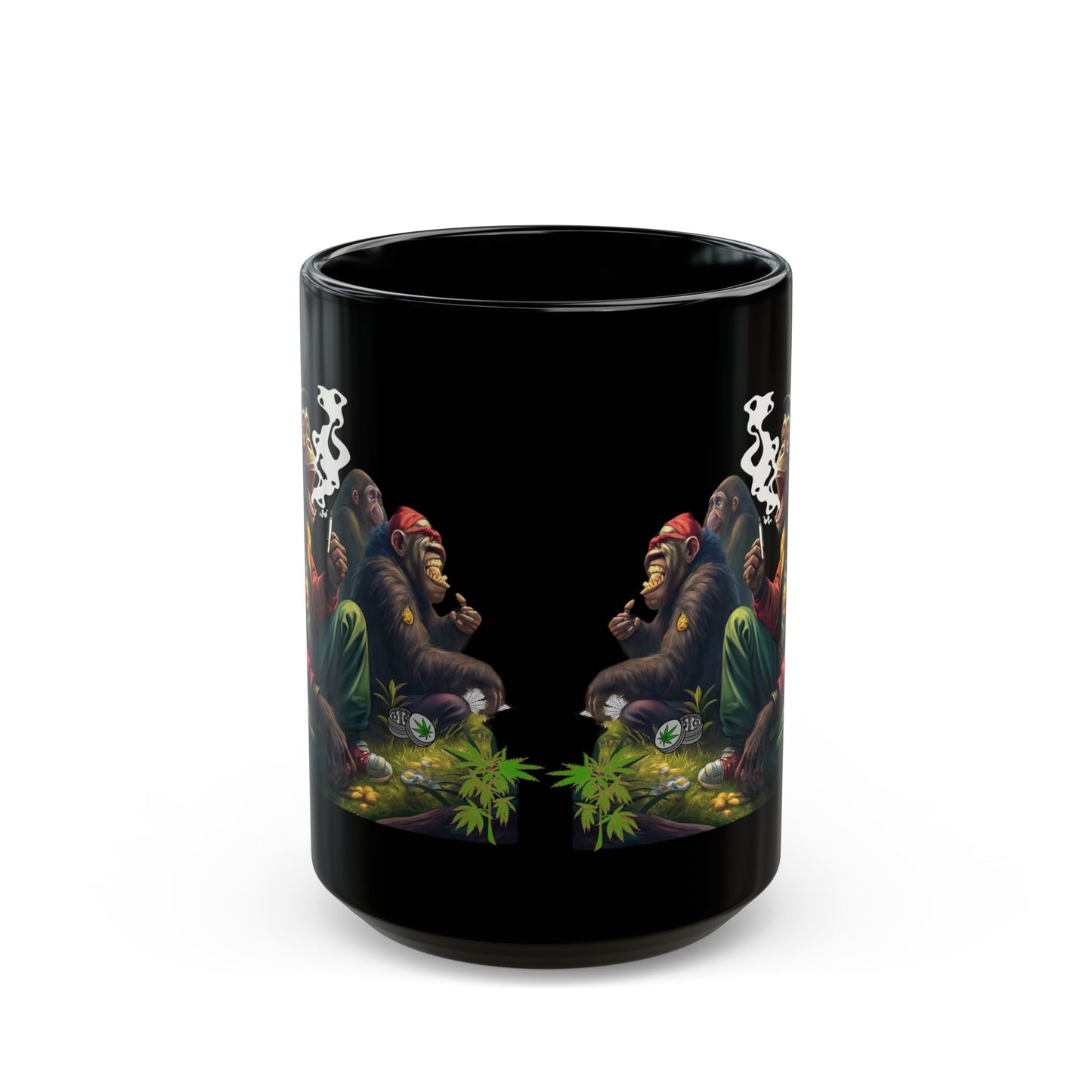 Funny Monkeys Coffee Cup, Cannabis-Inspired Mug Black Ceramic, Mug with Weed Design, Whimsical Monkey Grass Scene Cup, Stoner Humor Coffee Mug.