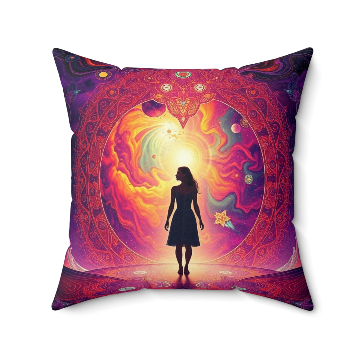 Mystical galaxy pillow, Woman on altar decor Celestial decorative pillow, Spiritual cosmic design, Sun rising galaxy pillow, Ethereal space decor, Spun Polyester Square Pillow.