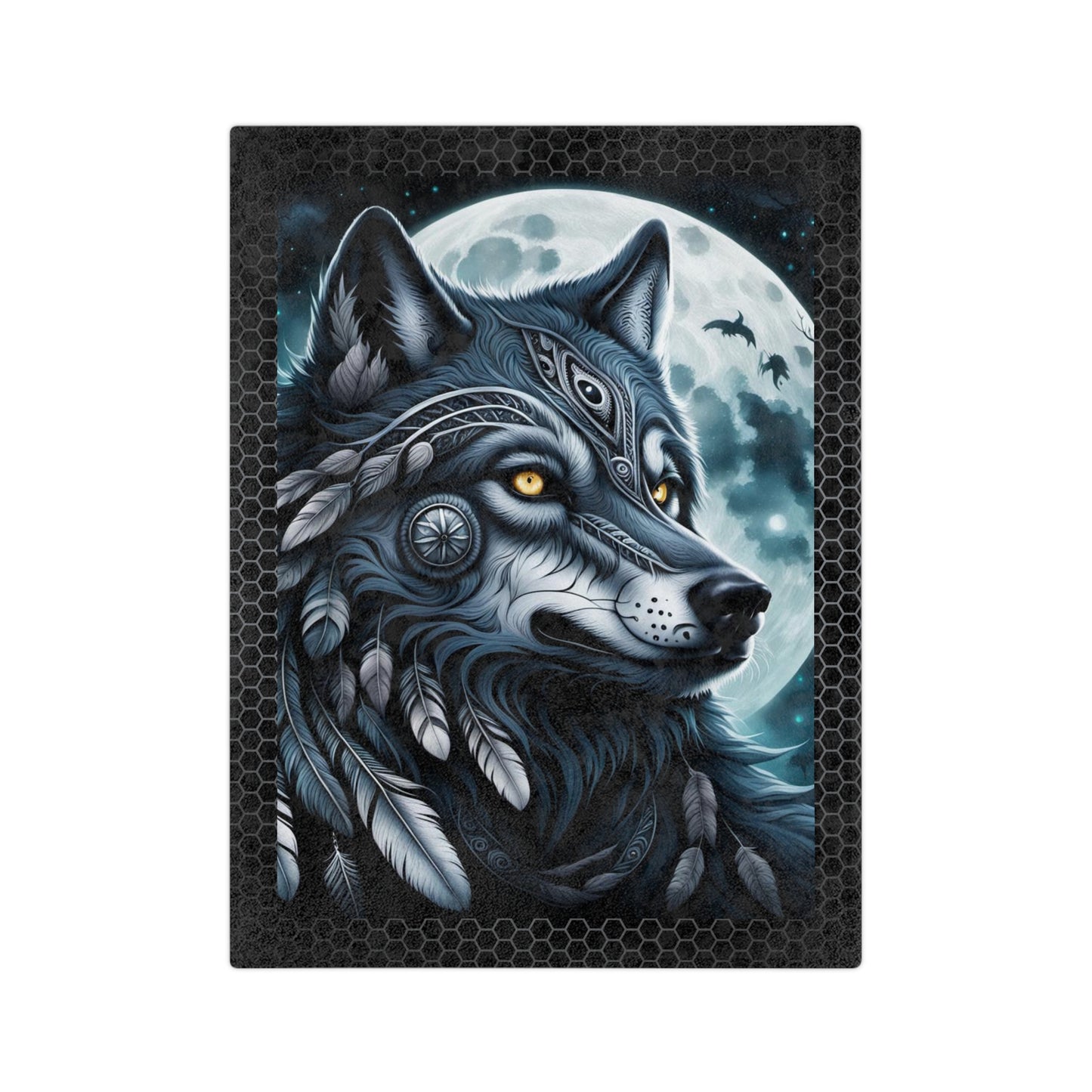 Spirit Wolf Blanket, Indian Wolf Design Tribal Headdress Blanket, Black and White Blanket, Velveteen Blanket Microfiber Blanket, Native-Inspired Blanket.