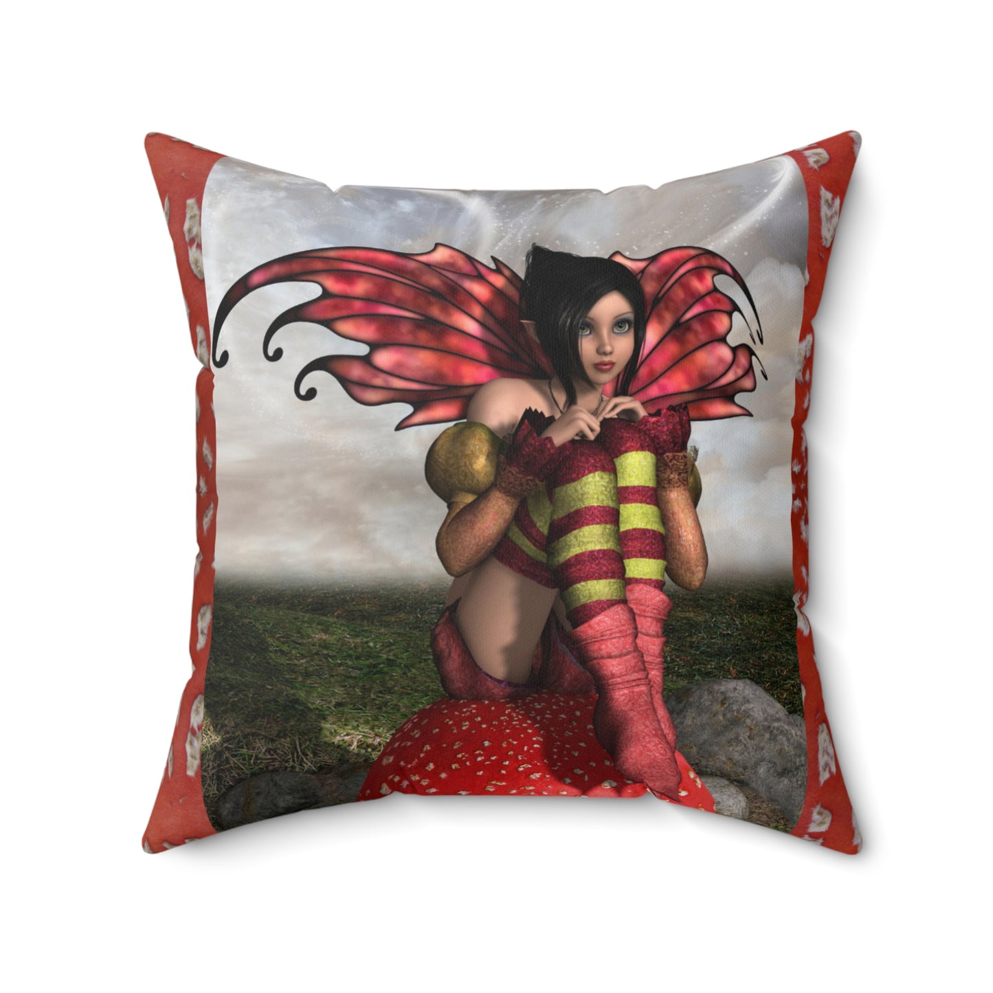 Fairy Faux Suede Pillow, Red Mushroom Decorative Cushion, Whimsical Home Decor Pillow, Fantasy-Inspired Throw Pillow, Enchanted Fairy Forest Cushion.