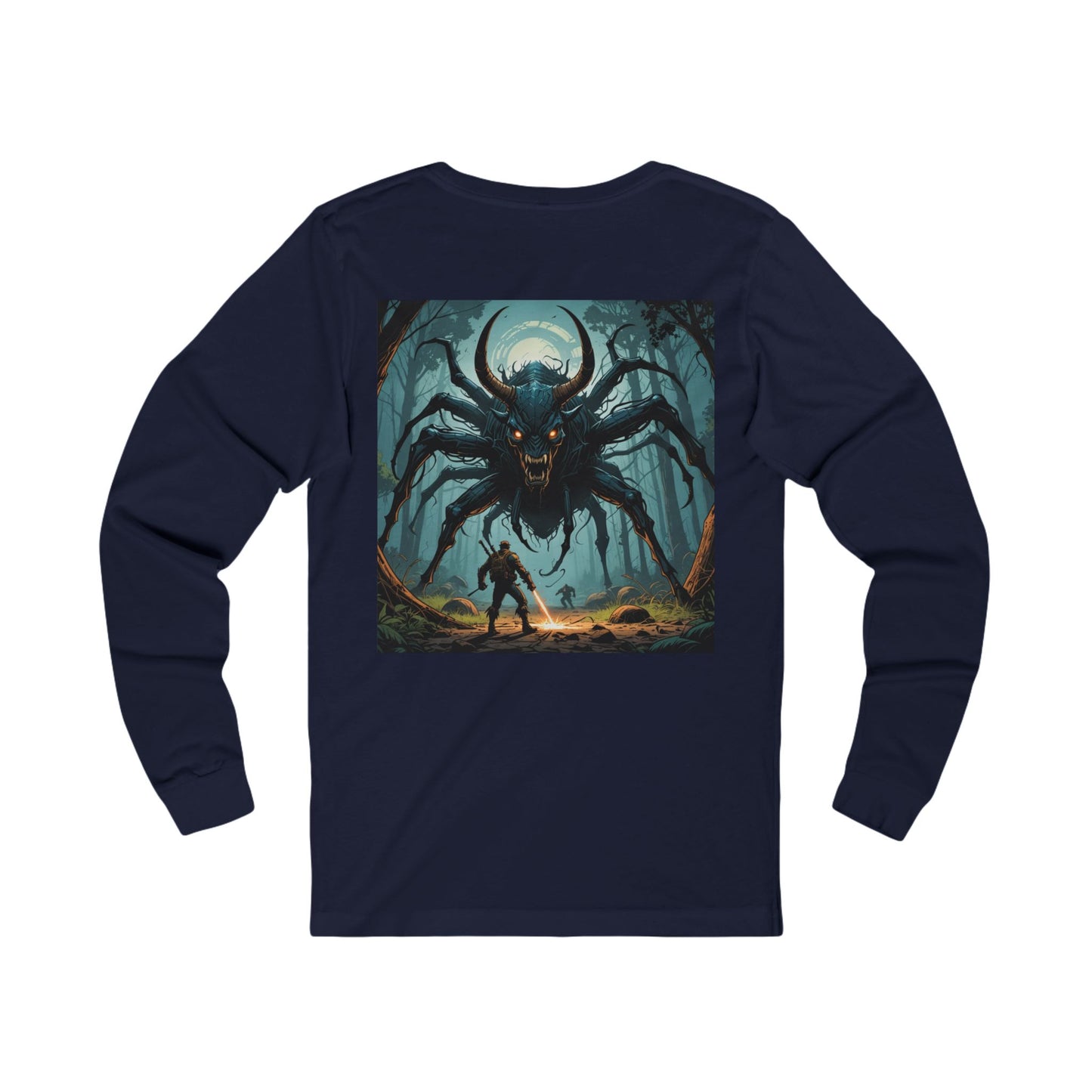 horror long-sleeve design on the back, Halloween shirt, creepy spider design, giant spider graphic, spooky long-sleeve, horror lover long sleeved Shirt, oversized spider tee, Jersey Long Sleeve Tee