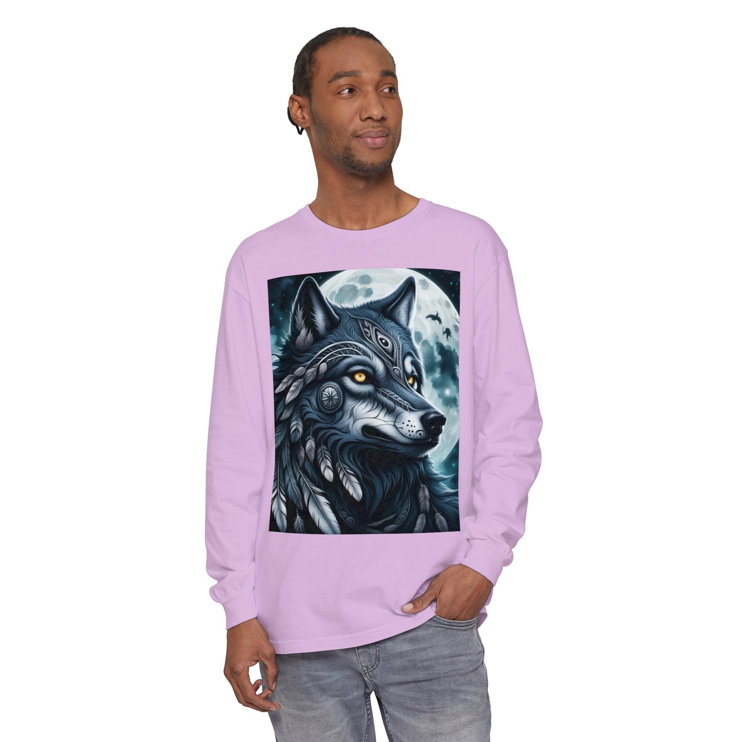 Long-Sleeved Tee Spirit Wolf Shirt, Indian Wolf Design Tribal Headdress Tee, Black and White Apparel, Casual Long Sleeve Wolf Top, Artistic Wolf Design.