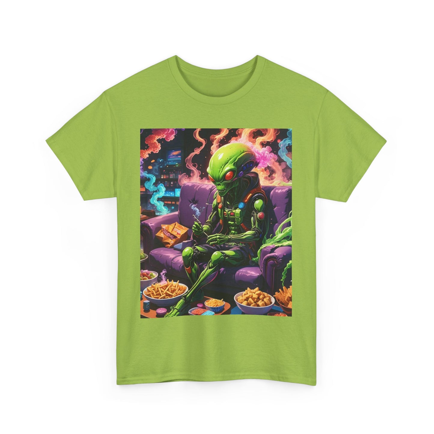 Alien Chilling Weed Tee, Fun Graphic Alien T-Shirt, Colorful Smoke Alien Design Shirt, Unique Weed-Themed Clothing, Unisex Heavy Cotton Tee.