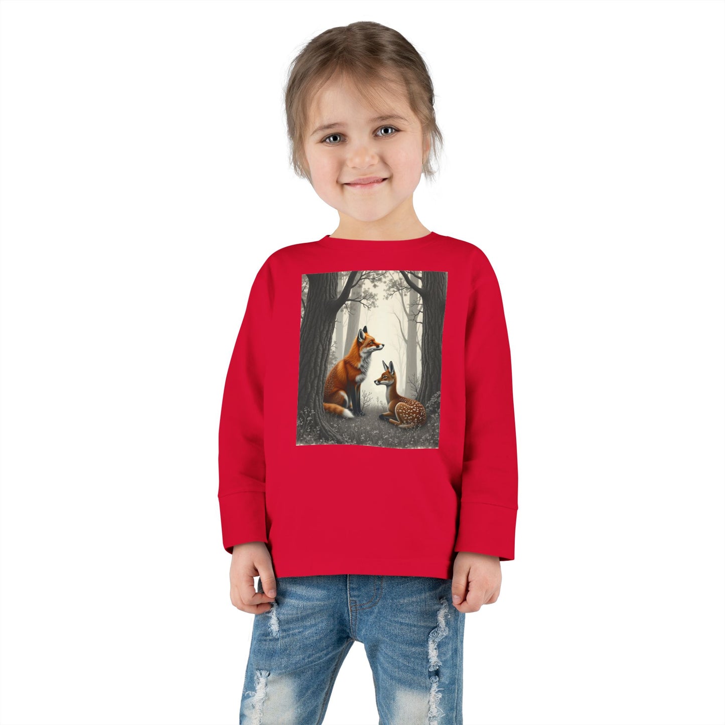 Fox and Baby Deer and Fox Long-Sleeved, Shirt Woodland Animal Shirt for Kids Unisex, Kids Nature-Themed Shirt, Forest Animal Clothing for Kids, Boys and Girls Long Sleeve Top, Toddler Long Sleeve,