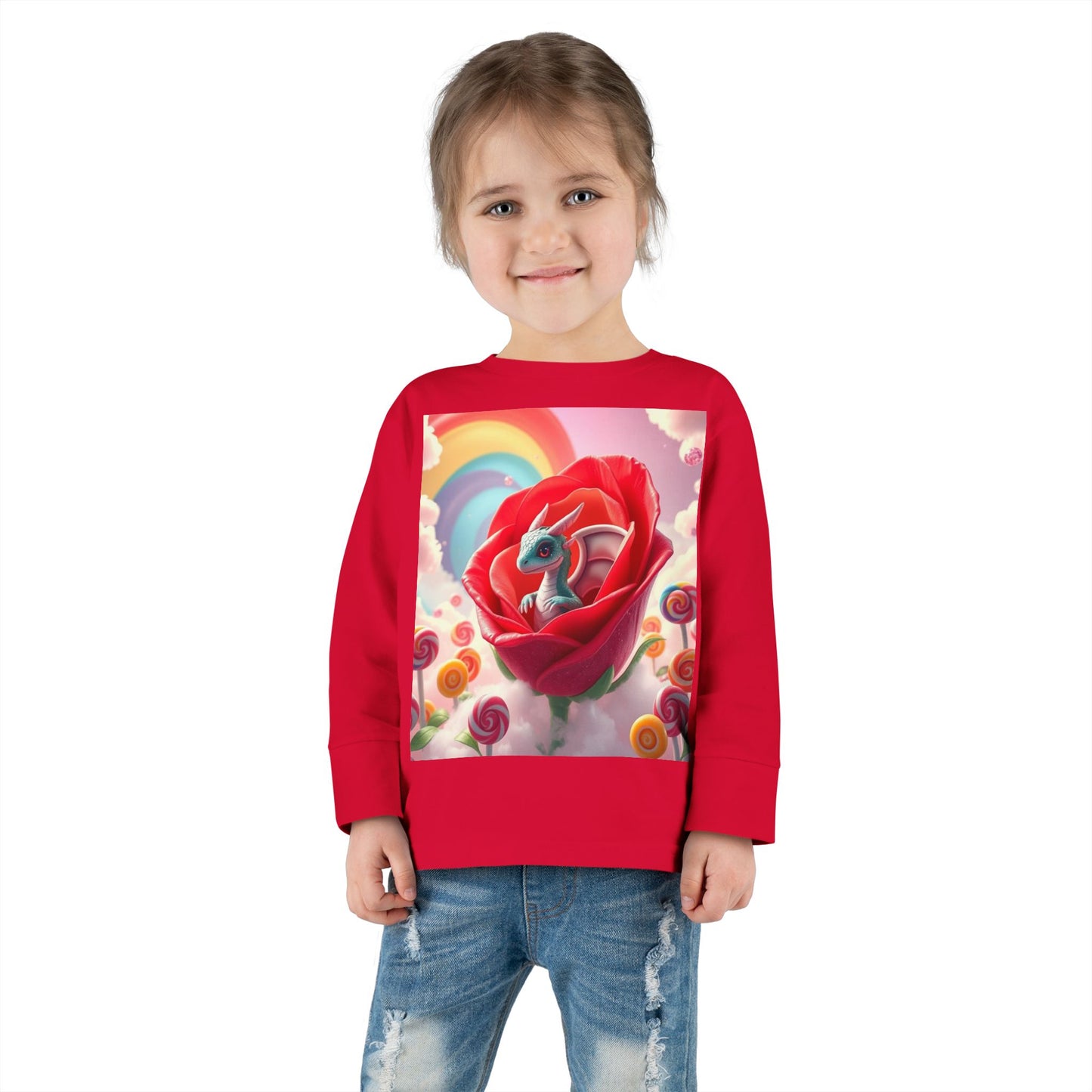 Toddler dragon tee, Toddler long-sleeved shirt, Soft and comfy tee, Mythical creature shirt, for kids Fantasy-themed toddler wear, Dragon and rose design, Toddler Long Sleeve Tee