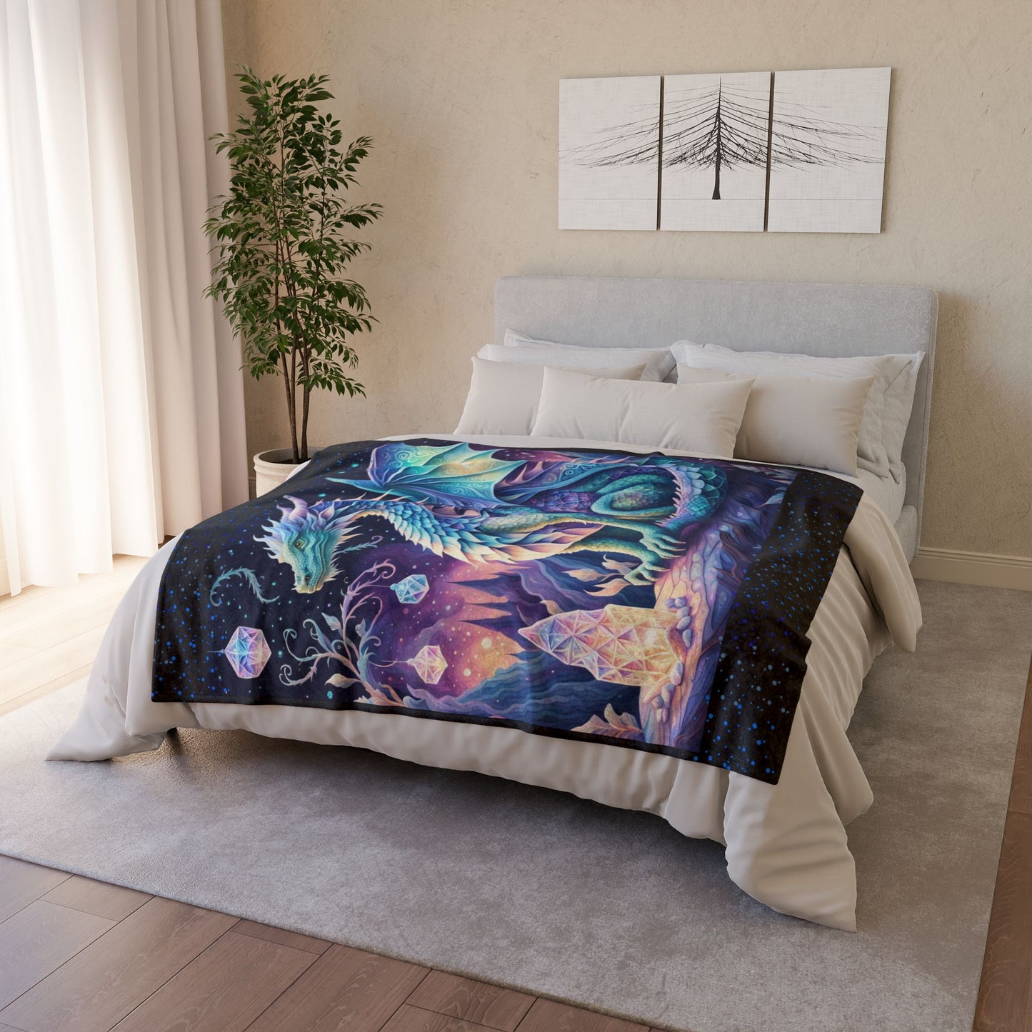 Dragon blanket, Crystal garden Fantasy blanket, Soft polyester blanket, Cozy bedding, Mythical creatures Fantasy décor, Crystal-themed blanket, Soft Polyester Blanket.