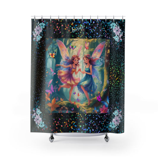 Fairies at Play Shower Curtain, Bathroom Colorful Fairy and Butterfly Curtain, Black and Speckled Shower Curtain, Magical Fairy Bathroom Accessories, Enchanting Bathroom.