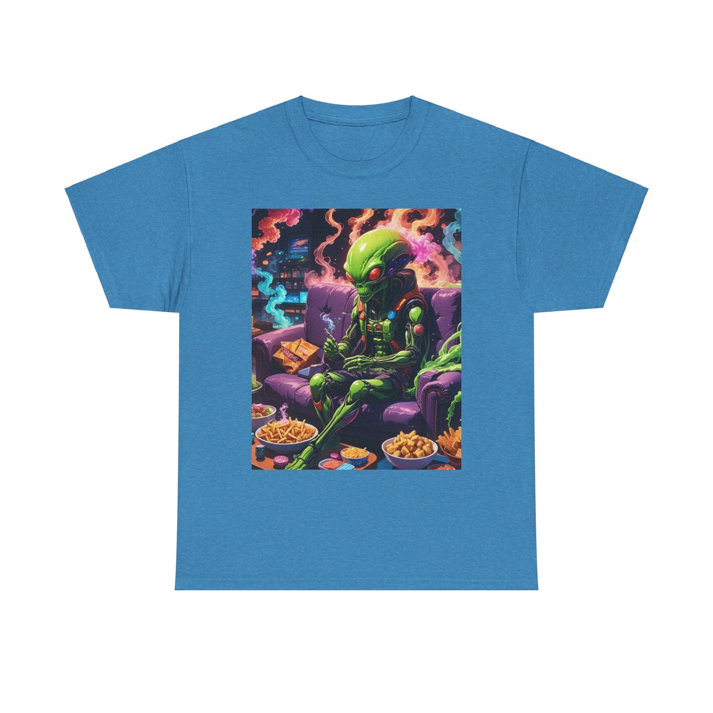 Alien Chilling Weed Tee, Fun Graphic Alien T-Shirt, Colorful Smoke Alien Design Shirt, Unique Weed-Themed Clothing, Unisex Heavy Cotton Tee.