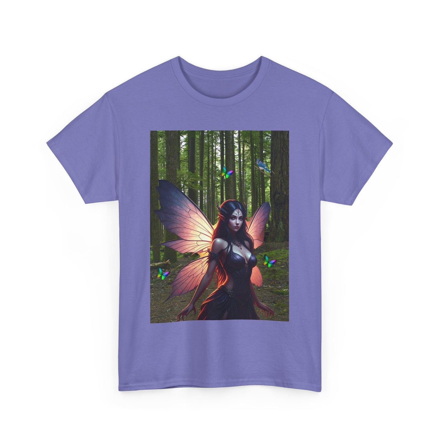 Fairy in the Woods Tee, Unisex Fantasy Tee, Rainbow Butterflies Shirt, Unisex Heavy Cotton Tee, Fairy gift Idea for her, Enchanted Tee.