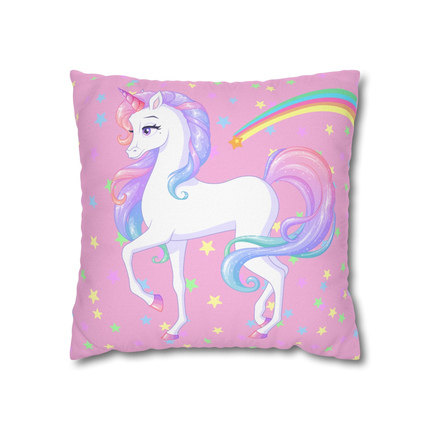 Pink Unicorn Square Pillowcase, Rainbow and Stars Pillow Cover, Magical Unicorn Bedroom Accent, Girls' Room Decorative Pillowcase.