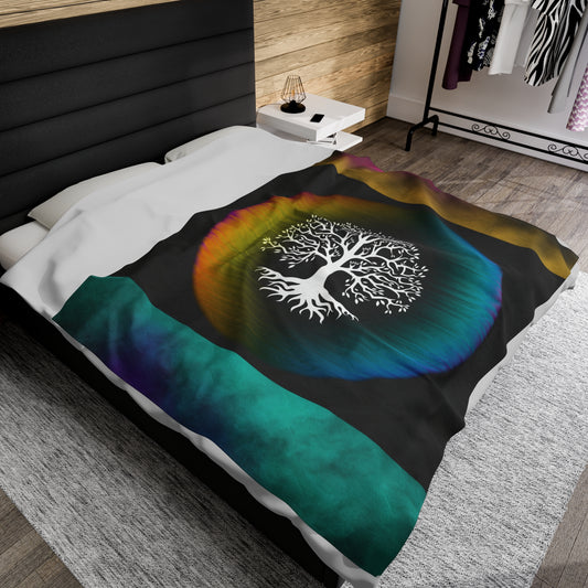 Tree of Life Plush Blanket, Rainbow Circle Velveteen Throw, Spiritual Home Decor Blanket, Cozy and Soft Symbolic Blanket, Nature-Inspired Velveteen Blanket.