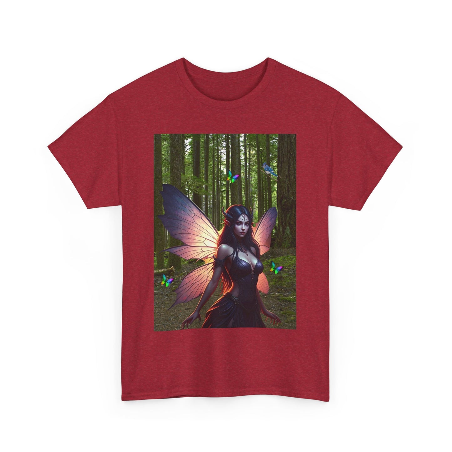 Fairy in the Woods Tee, Unisex Fantasy Tee, Rainbow Butterflies Shirt, Unisex Heavy Cotton Tee, Fairy gift Idea for her, Enchanted Tee.