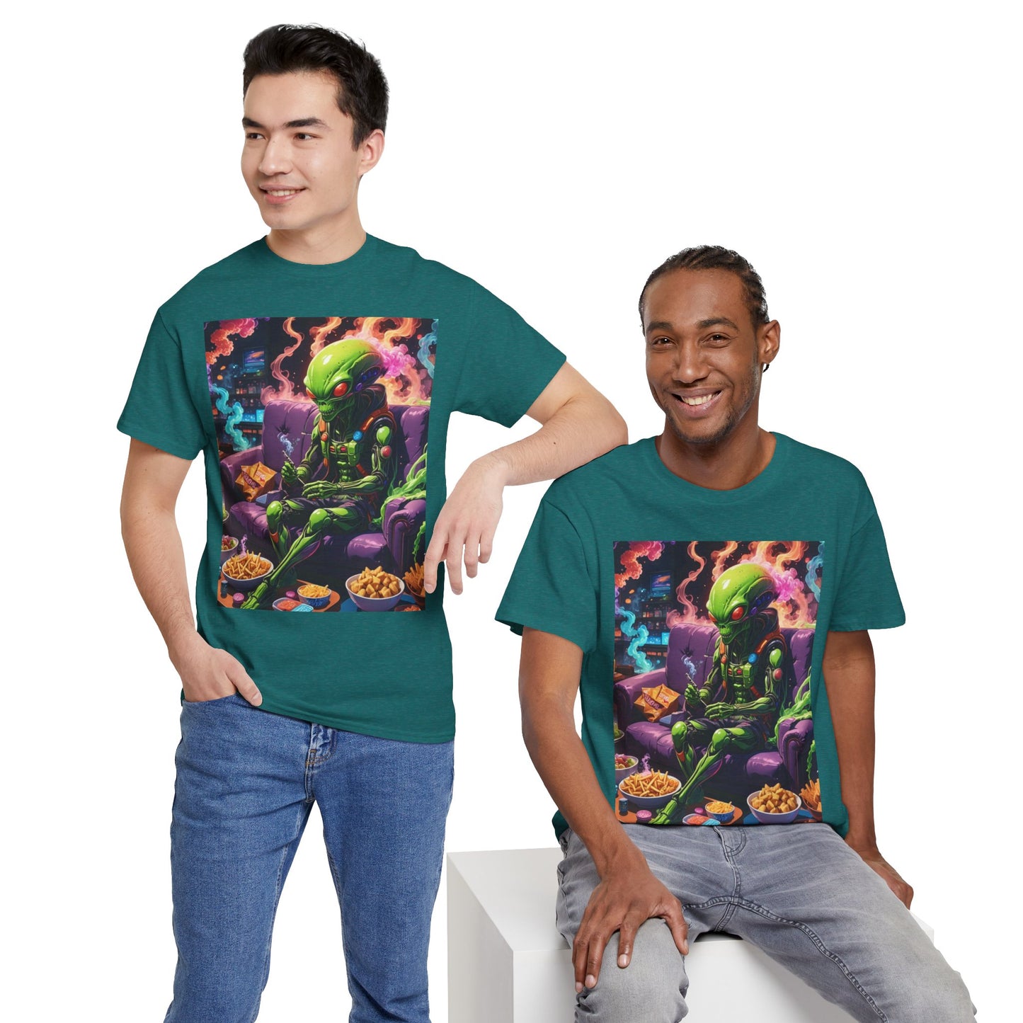 Alien Chilling Weed Tee, Fun Graphic Alien T-Shirt, Colorful Smoke Alien Design Shirt, Unique Weed-Themed Clothing, Unisex Heavy Cotton Tee.