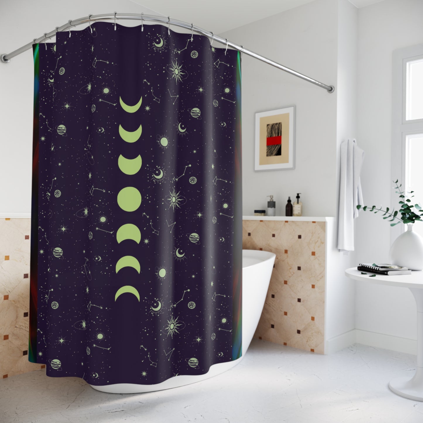 Dark Rainbow Shower Curtain, Moon Phases Bathroom Decor, Star Signs Shower Curtain, Astrology-Inspired Bathroom Accessories, Bridal Shower Gift.