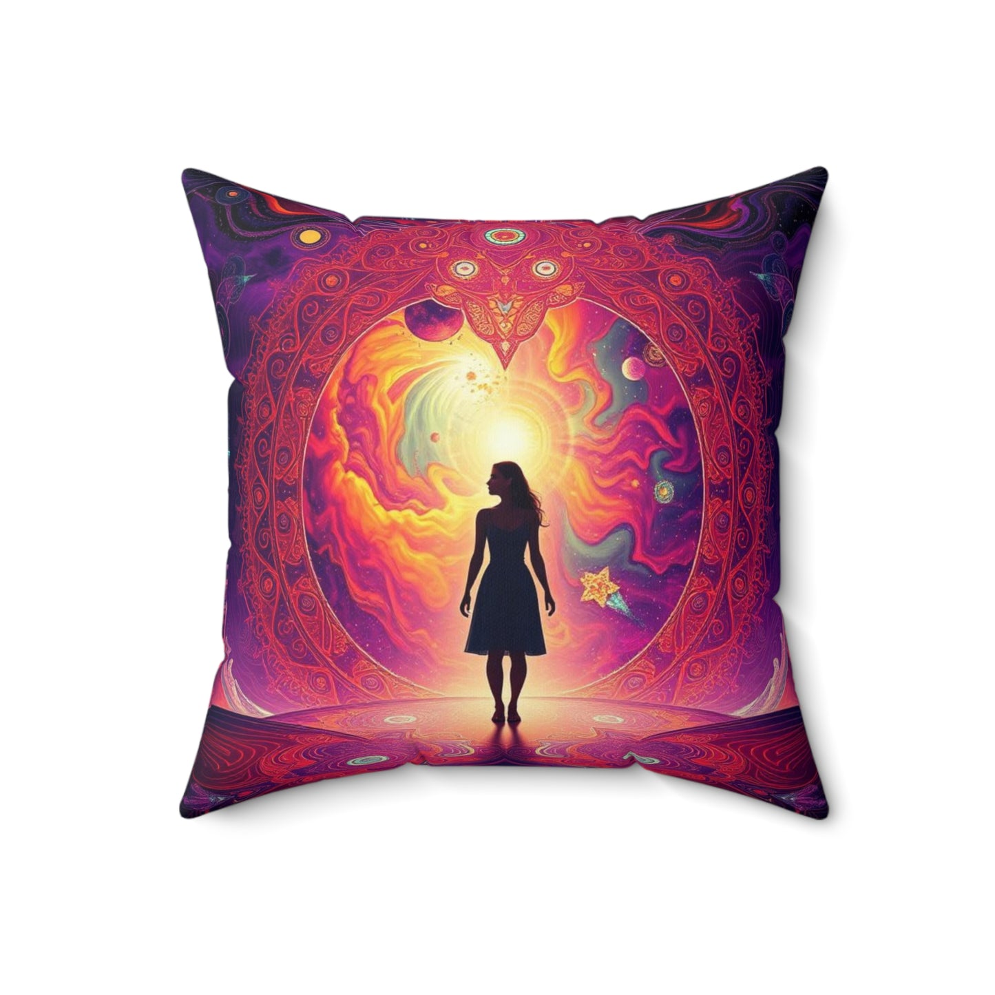 Mystical galaxy pillow, Woman on altar decor Celestial decorative pillow, Spiritual cosmic design, Sun rising galaxy pillow, Ethereal space decor, Spun Polyester Square Pillow.