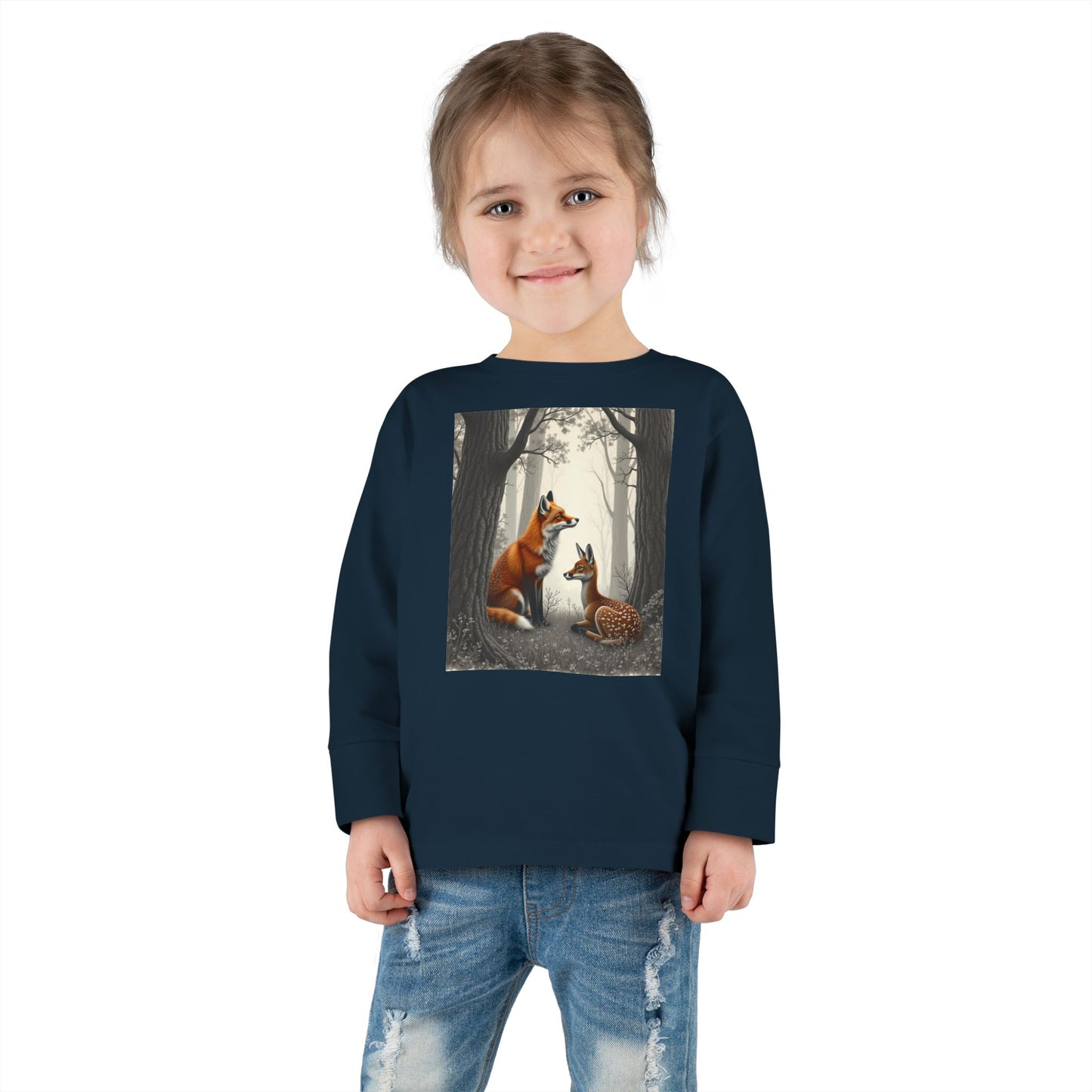 Fox and Baby Deer and Fox Long-Sleeved, Shirt Woodland Animal Shirt for Kids Unisex, Kids Nature-Themed Shirt, Forest Animal Clothing for Kids, Boys and Girls Long Sleeve Top, Toddler Long Sleeve,