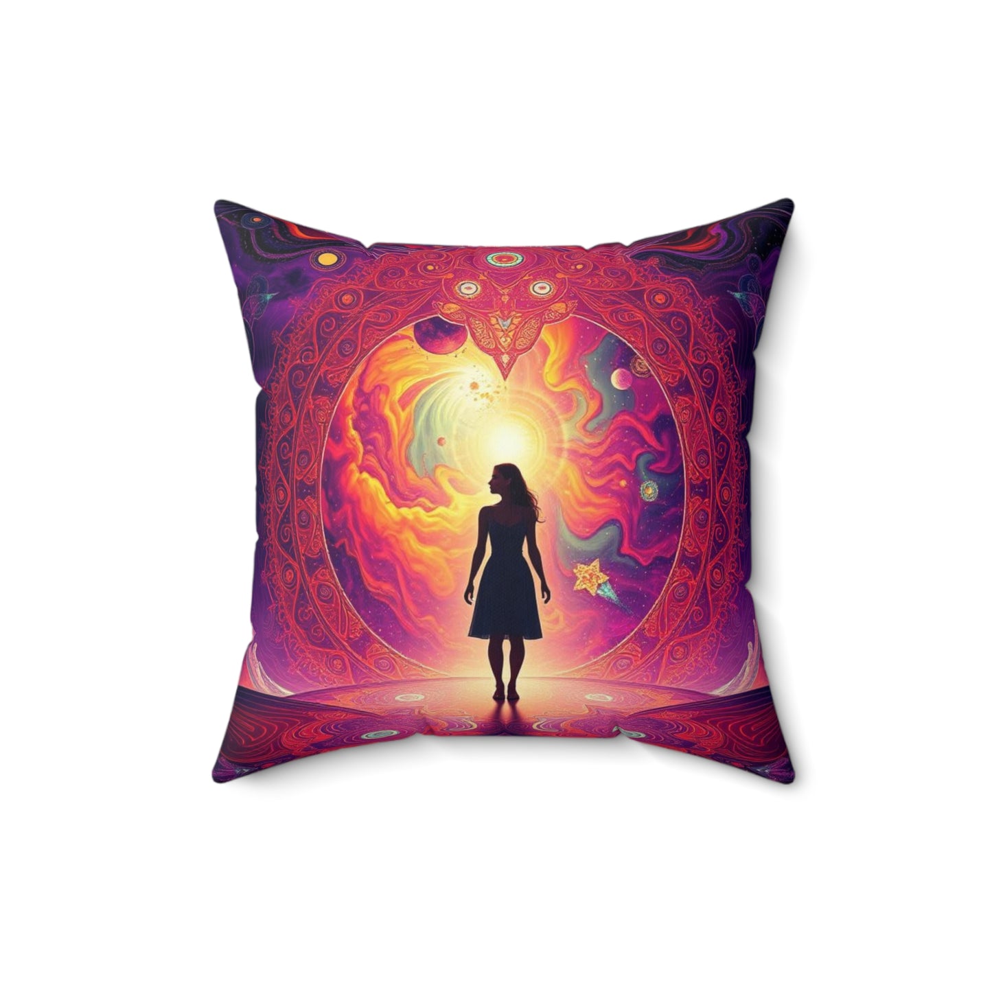 Mystical galaxy pillow, Woman on altar decor Celestial decorative pillow, Spiritual cosmic design, Sun rising galaxy pillow, Ethereal space decor, Spun Polyester Square Pillow.