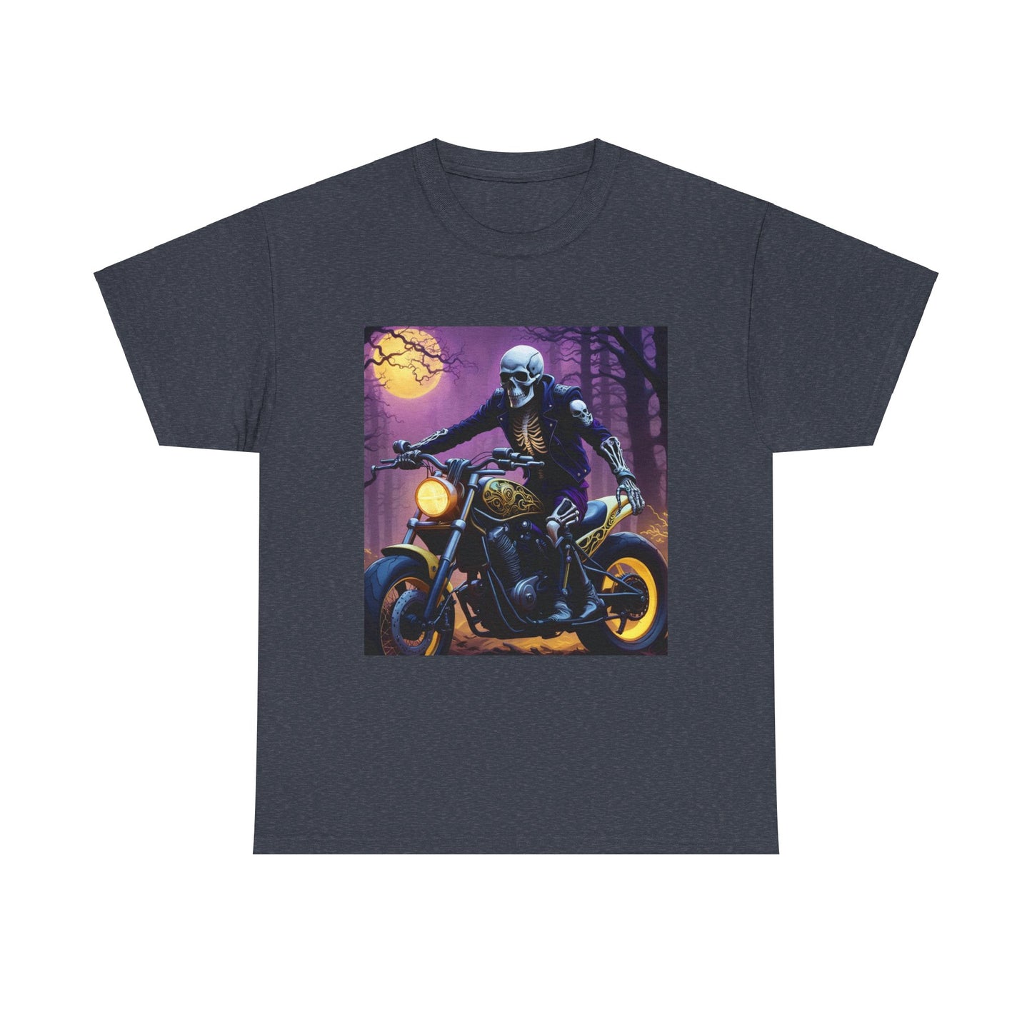 Skull Rider Graphic Tee, Midnight Biker T-Shirt, Gothic Motorcycle Cotton Shirt, Edgy Skull and Bike Design Shirt, Gothic Moon and Motorcycle Shirt.