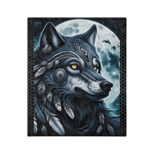 Spirit Wolf Blanket, Indian Wolf Design Tribal Headdress Blanket, Black and White Blanket, Velveteen Blanket Microfiber Blanket, Native-Inspired Blanket.