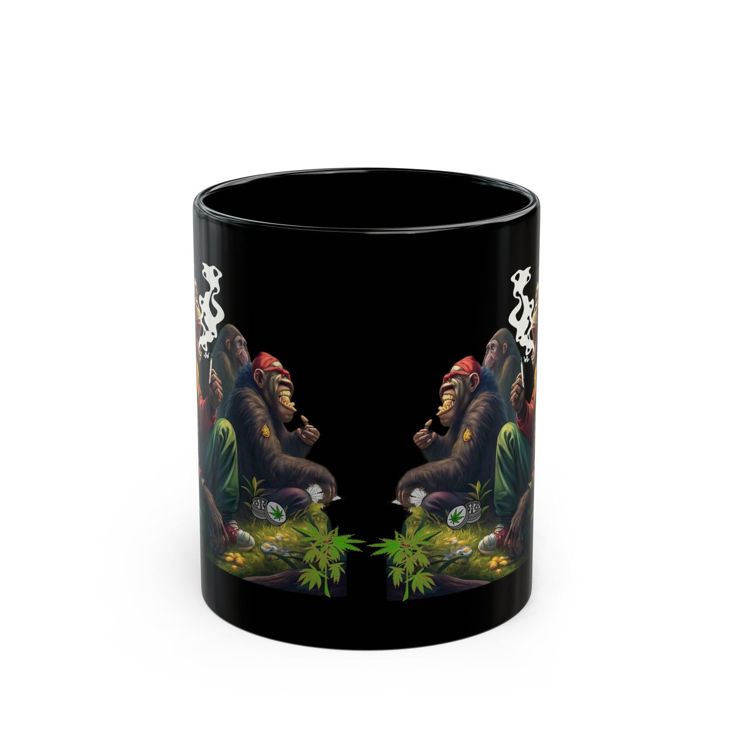 Funny Monkeys Coffee Cup, Cannabis-Inspired Mug Black Ceramic, Mug with Weed Design, Whimsical Monkey Grass Scene Cup, Stoner Humor Coffee Mug.