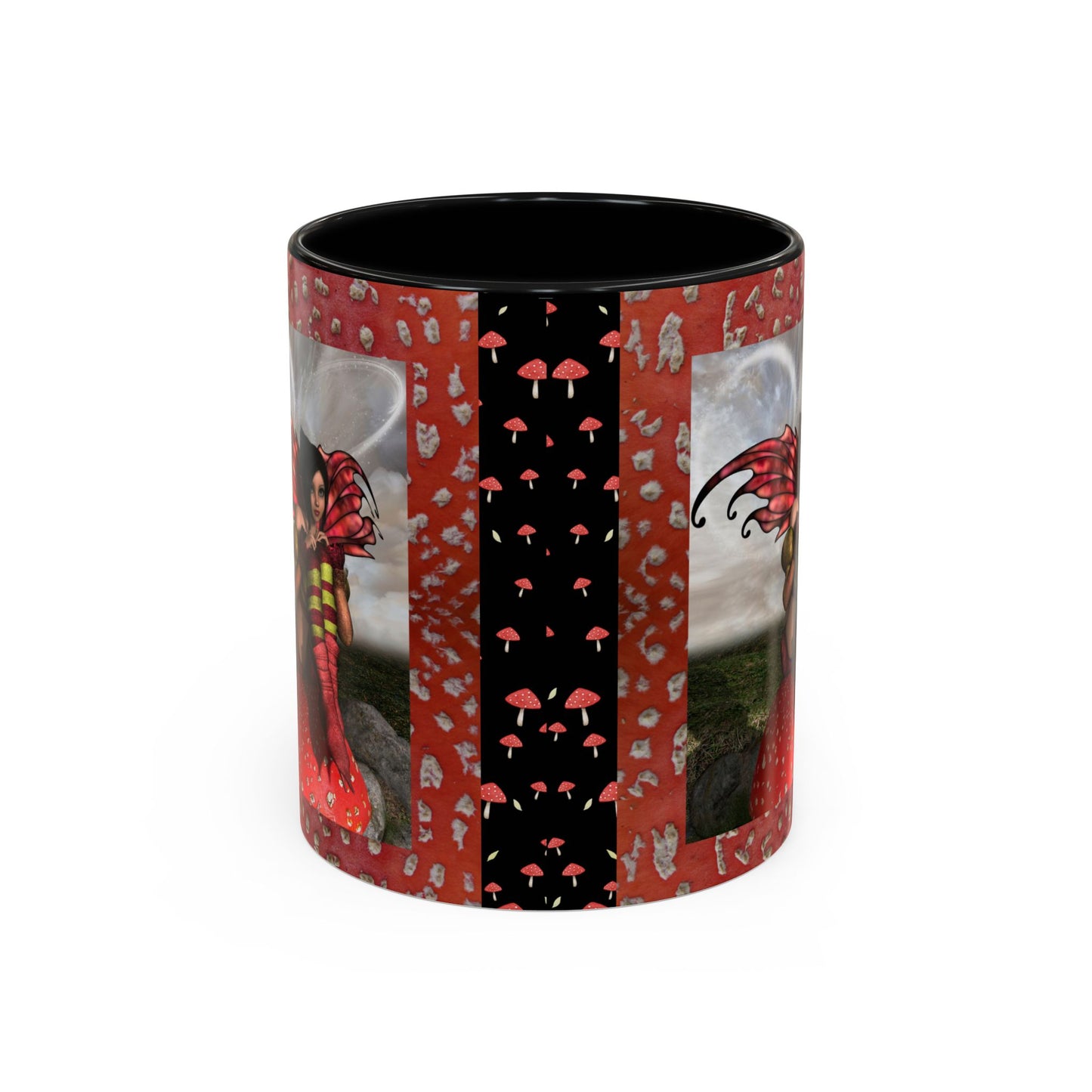 Fairy Coffee Mug, Red Mushroom Fairy Cup, Whimsical Ceramic Mug, Black and Red Mushroom Mug, Nature-Inspired Drinkware, Magical Fairy Tale Coffee Cup, (11, 15oz)