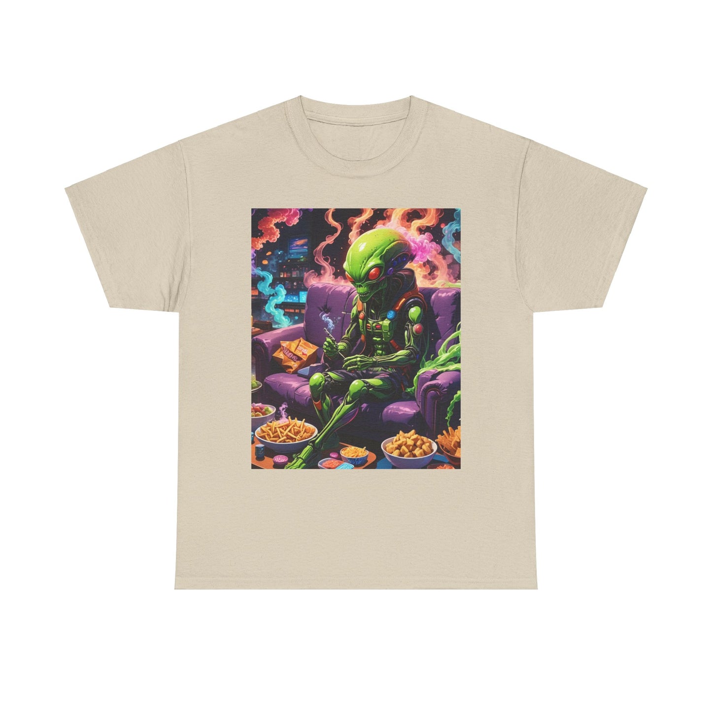 Alien Chilling Weed Tee, Fun Graphic Alien T-Shirt, Colorful Smoke Alien Design Shirt, Unique Weed-Themed Clothing, Unisex Heavy Cotton Tee.