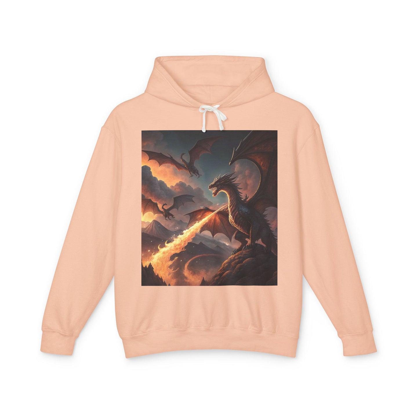 Dragon Graphic Hoodie, Fire-Breathing Dragon Pullover, Pocket-Free Dragon Hoodie, Fantasy-Inspired Hoodie, Mythical Creature Hooded Sweatshirt, Sleek Dragon Apparel.