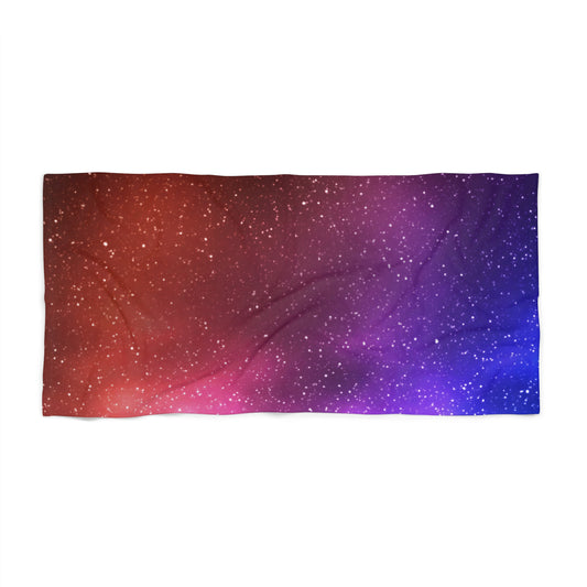 Galaxy Beach Towel, Red and Purple Beach Towel, Cosmic Night Sky Towel, Galaxy Inspired Towel, Space-Themed Beach Towel.