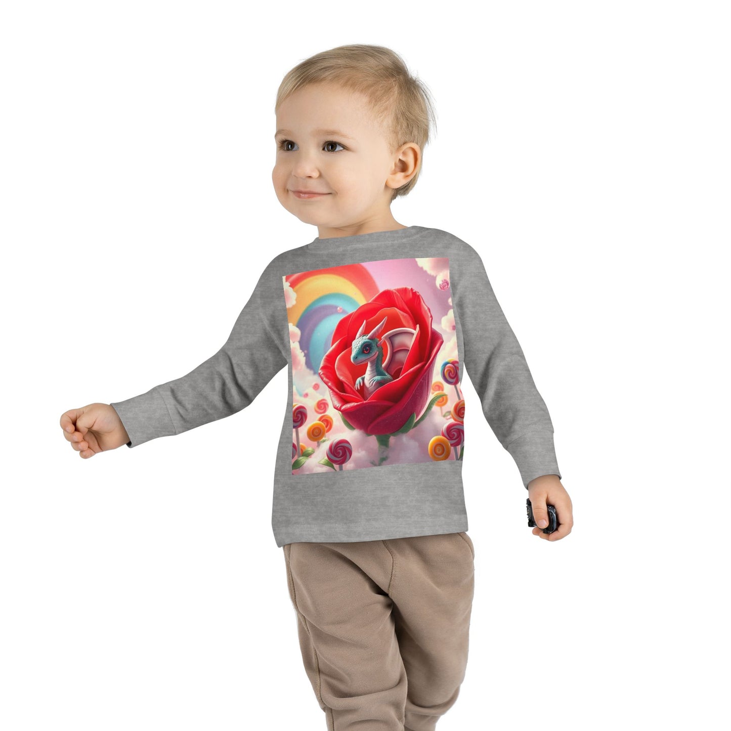 Toddler dragon tee, Toddler long-sleeved shirt, Soft and comfy tee, Mythical creature shirt, for kids Fantasy-themed toddler wear, Dragon and rose design, Toddler Long Sleeve Tee