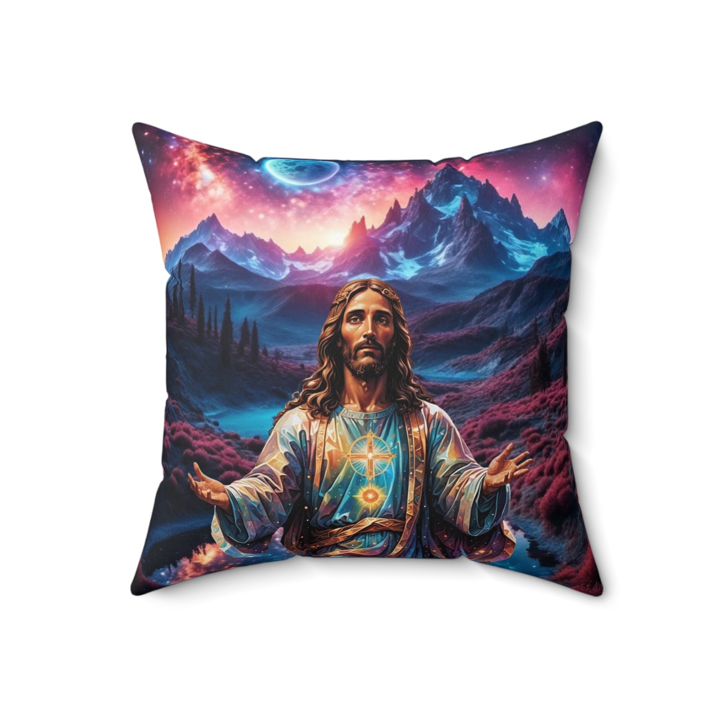 Jesus Decor Pillowcase, Spiritual Home Decor, Jesus Square Pillow Cover, Faith-Inspired Pillowcase, Religious Pillowcase, Housewarming Gift, Religious Pillowcase with Mountains.