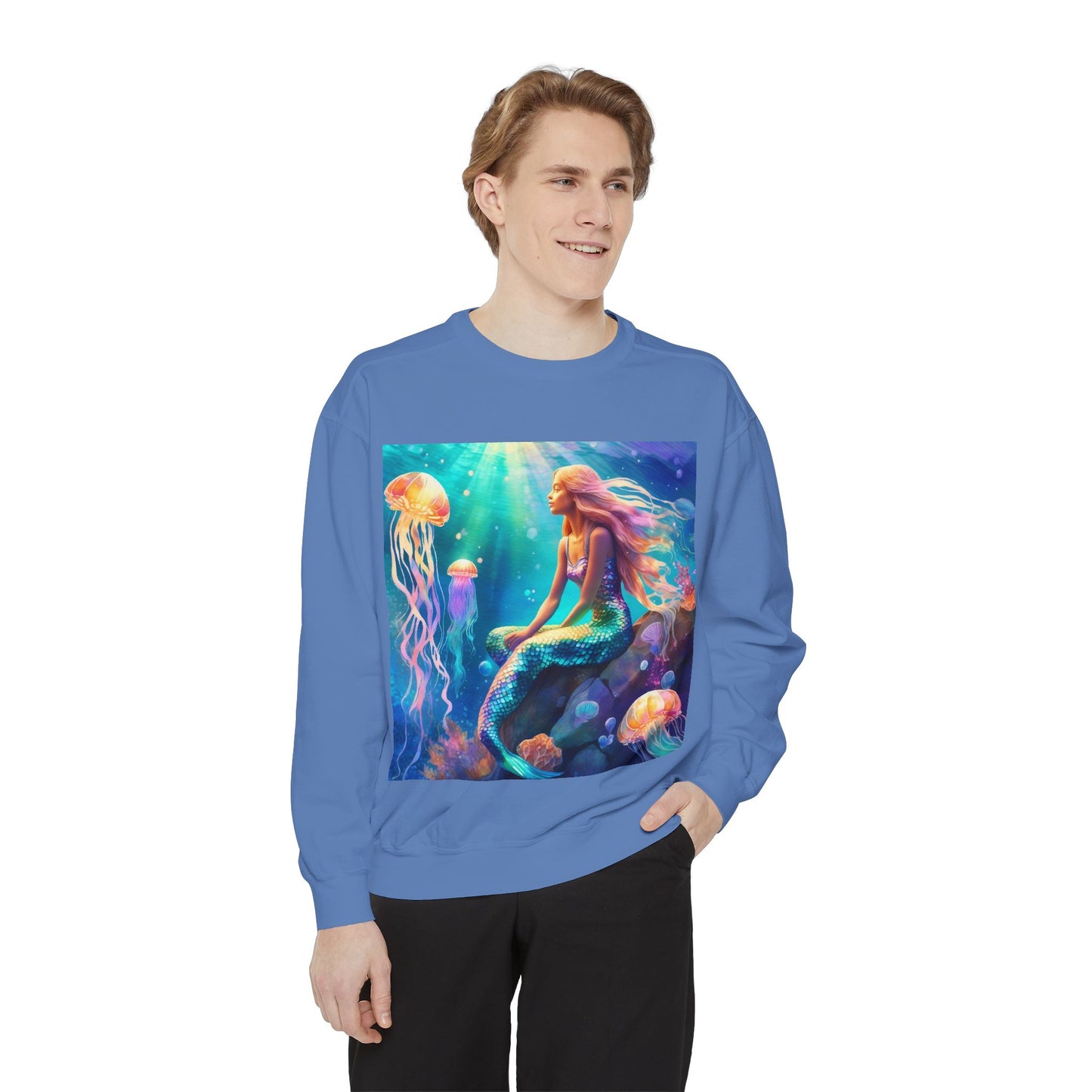 Mermaid Sweatshirt, Ocean Mermaid Sweatshirt, Mermaid Lovers Gift, Jelly fish and Mermaid sweatshirt, Colorful Mermaid Sweatshirt, Unisex Garment-Dyed Sweatshirt.