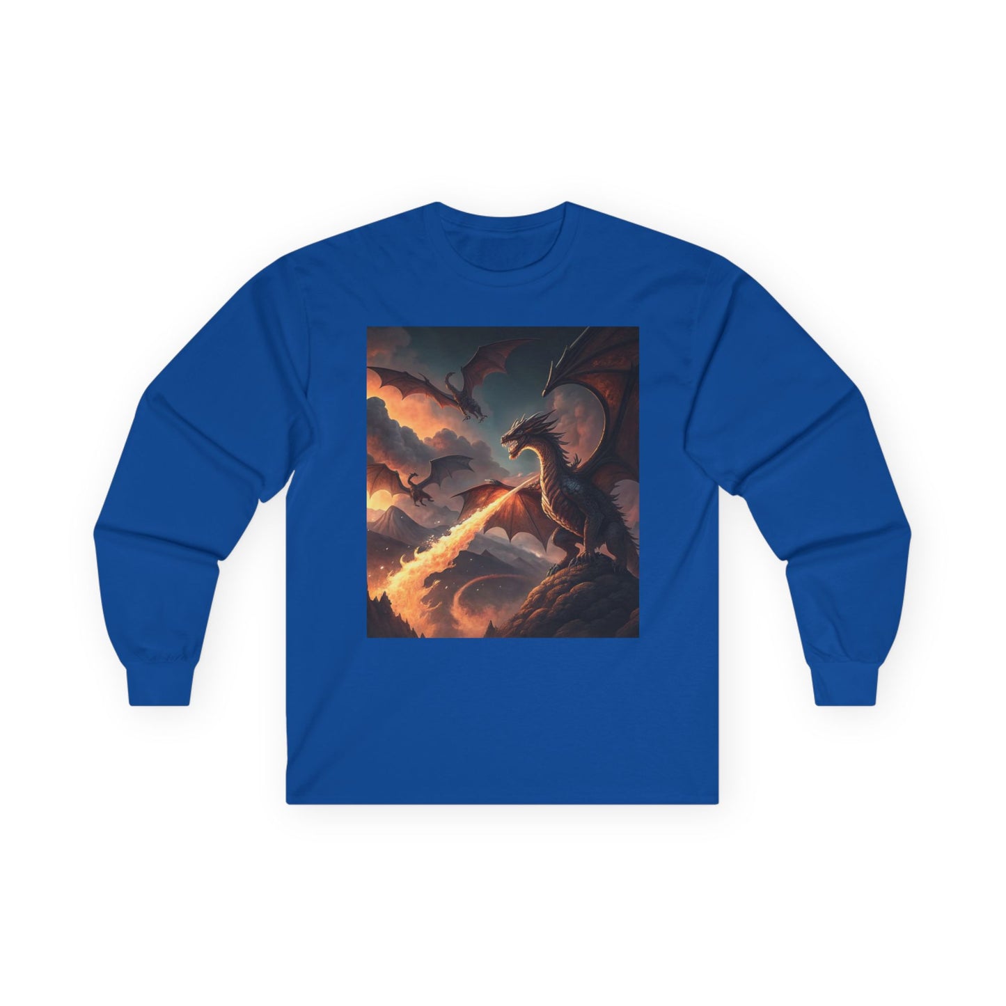 Smoky Background Dragon Apparel, Mythical Creature Long Sleeve Shirt, Dragon Design Long Sleeve, Comfortable and Stylish Fantasy Shirt, Adventure-Inspired Long Sleeve.