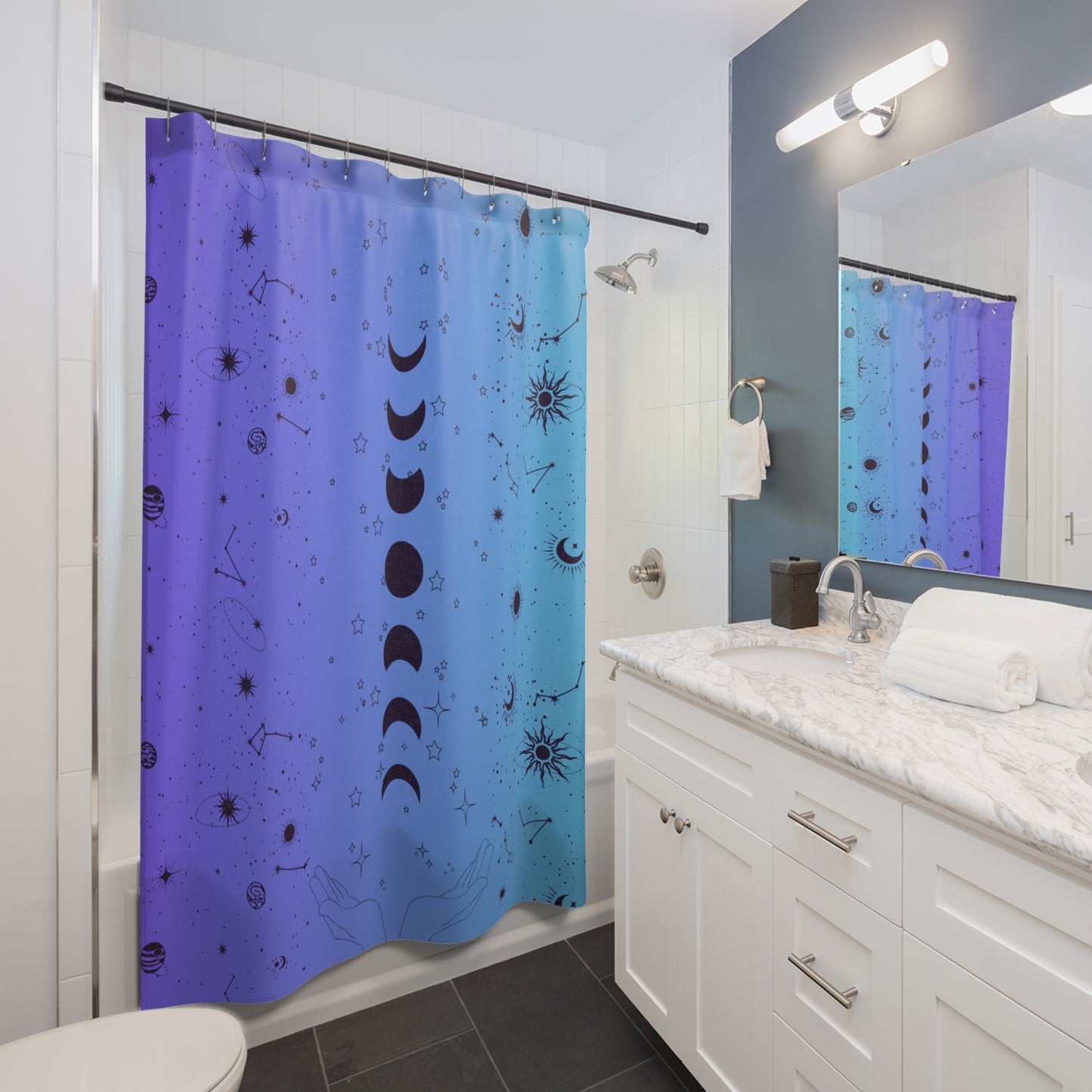 Purple and Aqua Shower Curtain, Moon Phases Bathroom Decor, Star Signs Shower Curtain, Astrology-Themed Bathroom Accessories,